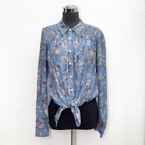 Veronica Beard Button Up Shirt Women 0 (XS) Blue Floral Blouse Long Sleeve Tie